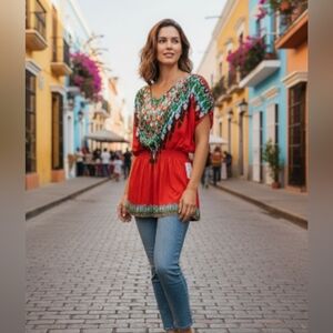 NWT Ella + Cathy Elastic Waist Hourglass Tribal Blouse Size Large